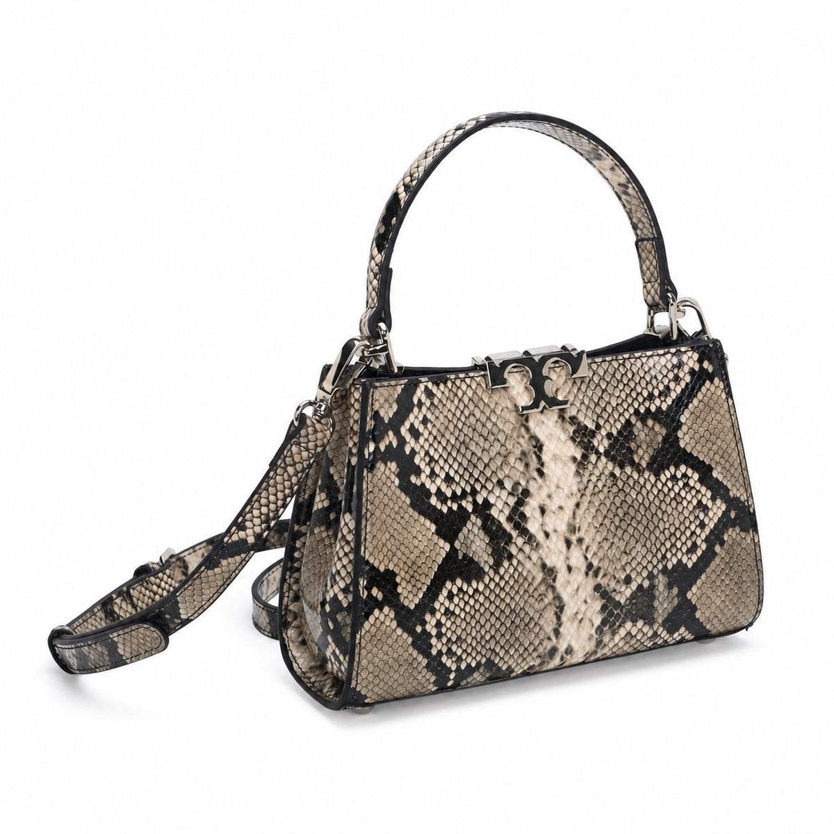OEM/ODM Custom Women's Beige and Black Snake-Print Genuine Leather Top Handle Crossbody Bag