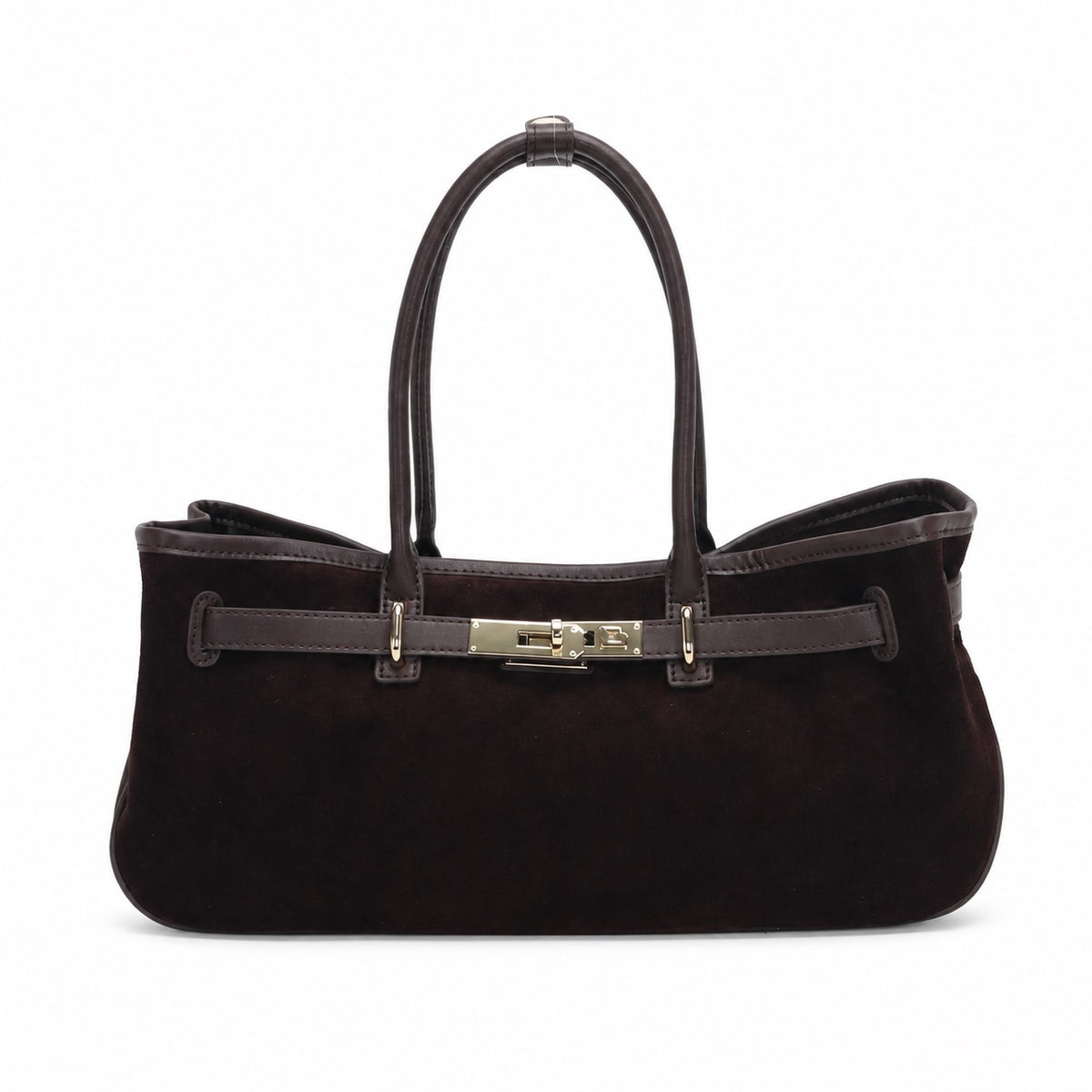 OEM/ODM Custom Women's Dark Brown Genuine Suede Leather East-West Top Handle Handbag