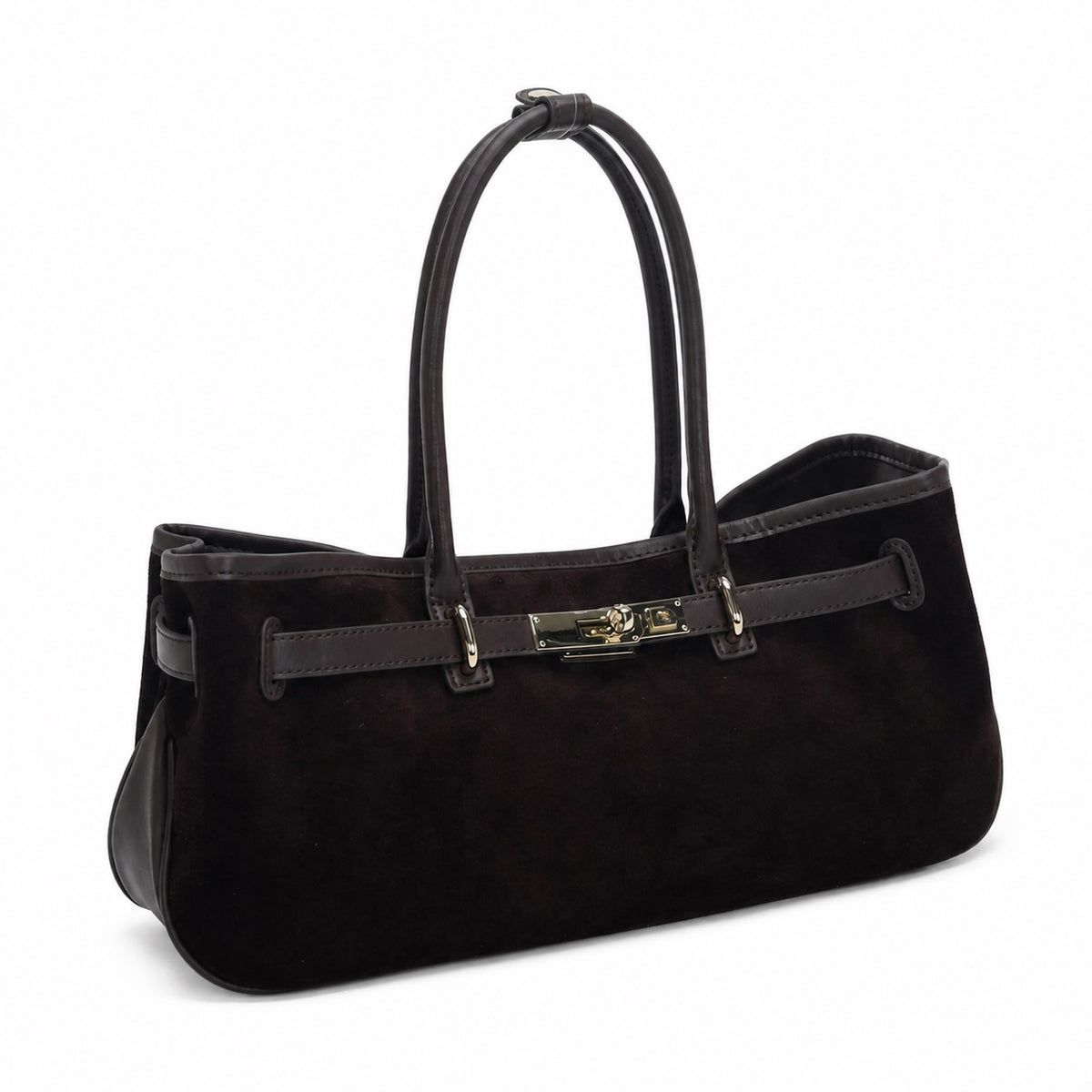 OEM/ODM Custom Women's Dark Brown Genuine Suede Leather East-West Top Handle Handbag