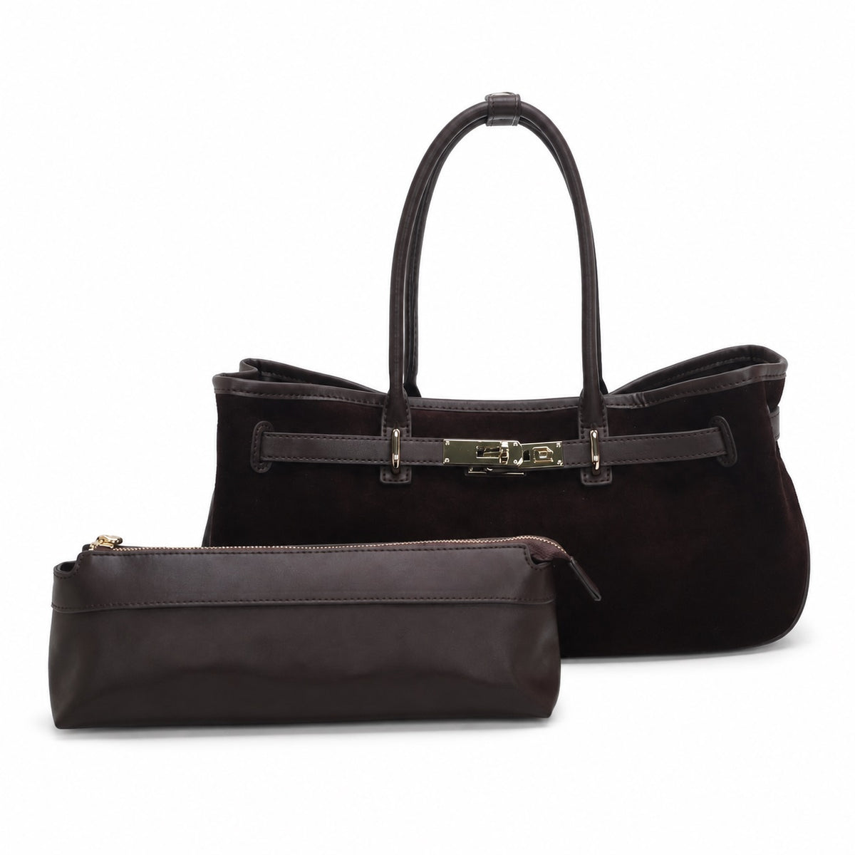 OEM/ODM Custom Women's Dark Brown Genuine Suede Leather East-West Top Handle Handbag