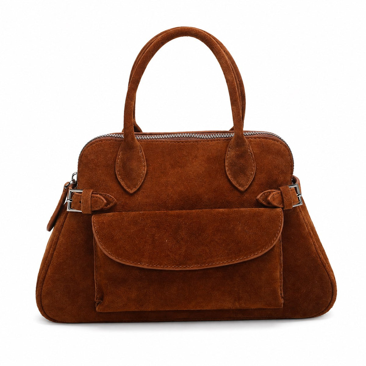 OEM/ODM Custom Women's Cognac Brown Genuine Suede Leather Top Handle Satchel Bag with Front Pocket
