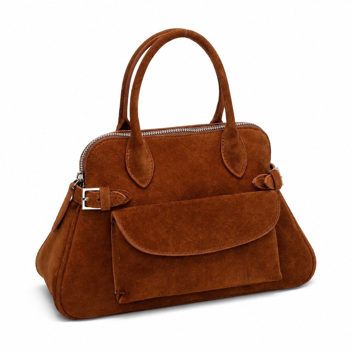 OEM/ODM Custom Women's Cognac Brown Genuine Suede Leather Top Handle Satchel Bag with Front Pocket