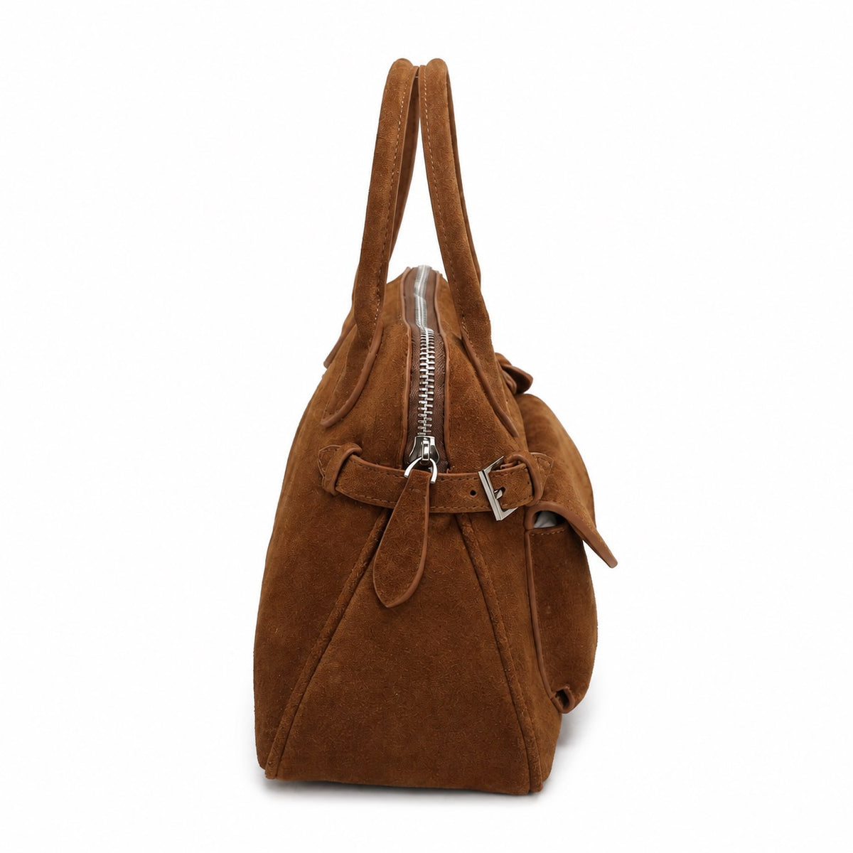 OEM/ODM Custom Women's Cognac Brown Genuine Suede Leather Top Handle Satchel Bag with Front Pocket