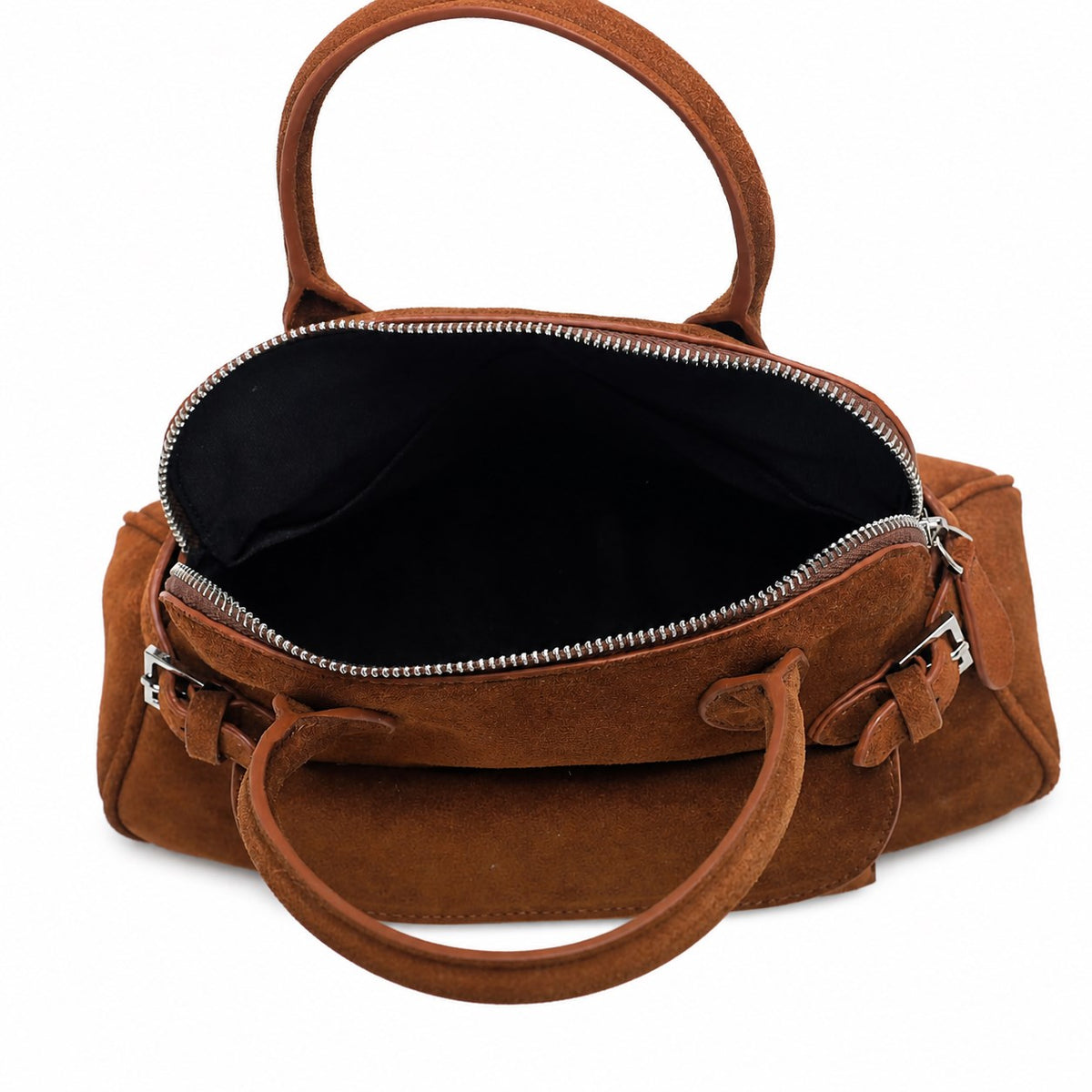 OEM/ODM Custom Women's Cognac Brown Genuine Suede Leather Top Handle Satchel Bag with Front Pocket