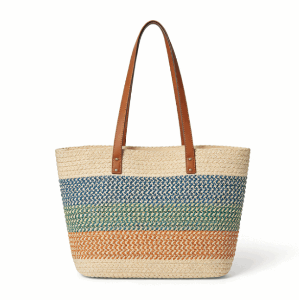 'Horizon' Artisan Woven Beach Tote | Multi-Color Gradient Straw Weave | High-Capacity Summer Shopper with Reinforced Saffiano-Texture Handles