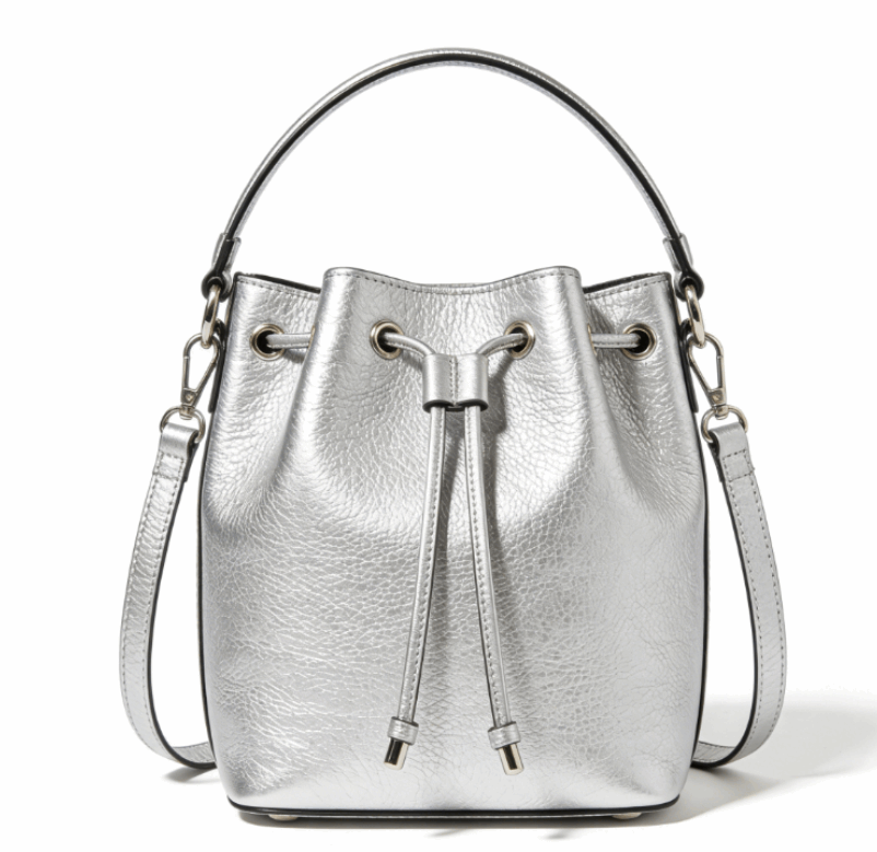 'Stellar' Metallic Bucket Bag | Premium Silver Pebbled Grain Leather | Contemporary Drawstring Design with Adjustable Multi-Carry System