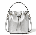 'Stellar' Metallic Bucket Bag | Premium Silver Pebbled Grain Leather | Contemporary Drawstring Design with Adjustable Multi-Carry System