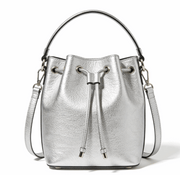 'Stellar' Metallic Bucket Bag | Premium Silver Pebbled Grain Leather | Contemporary Drawstring Design with Adjustable Multi-Carry System