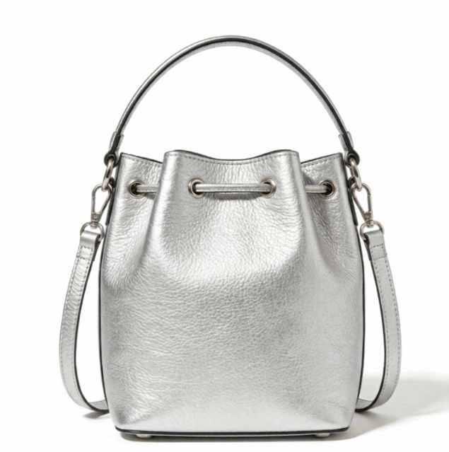 'Stellar' Metallic Bucket Bag | Premium Silver Pebbled Grain Leather | Contemporary Drawstring Design with Adjustable Multi-Carry System