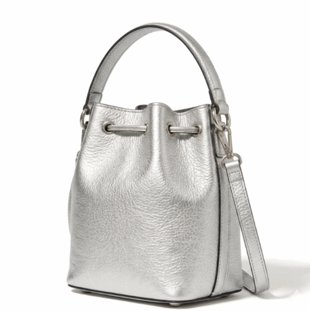 'Stellar' Metallic Bucket Bag | Premium Silver Pebbled Grain Leather | Contemporary Drawstring Design with Adjustable Multi-Carry System