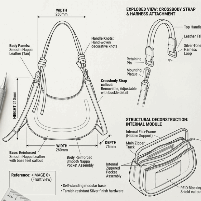 Minimalist 'Luna' Crescent Crossbody | Premium Smooth Nappa Leather | Knot-Detail Strap