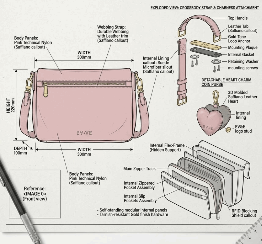 'Amour' Utility Crossbody Bag | Premium Water-Resistant Nylon | Detachable Heart Charm Coin Purse