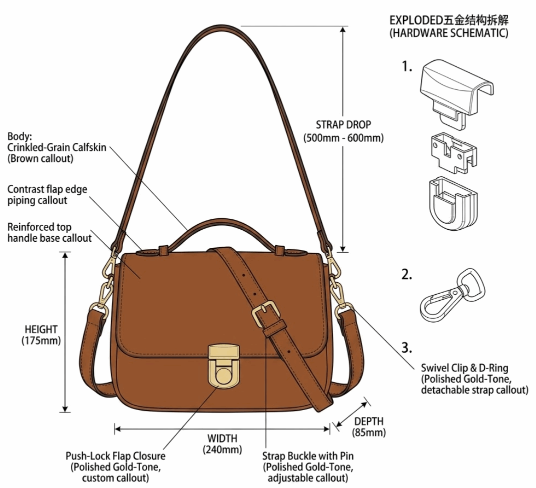 Vintage 'Heritage' Flap Crossbody | Premium Crinkled Calfskin Leather | Polished Push-Lock Satchel