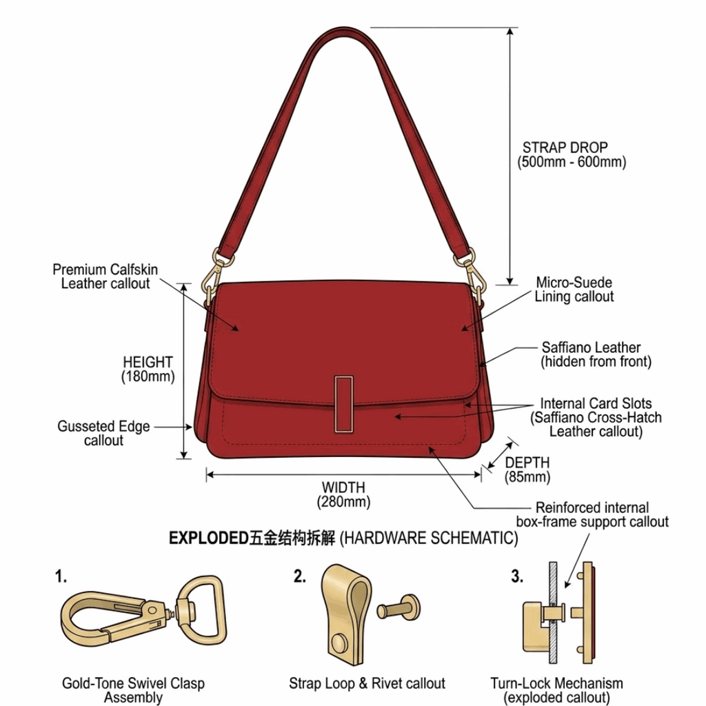 'Ruby' Triple-Gusset Crossbody | Premium Pebbled Calfskin | Minimalist Architectural Hardware