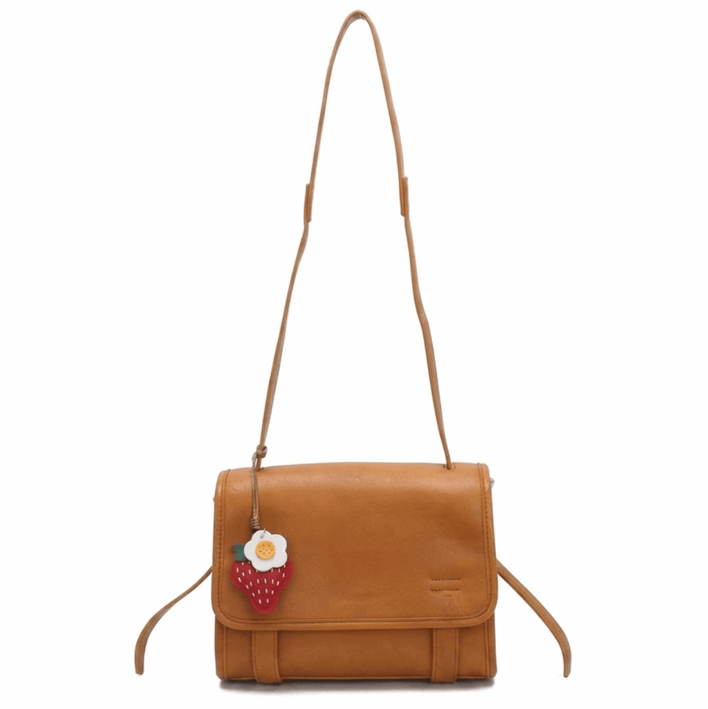 'Berry' Artisanal Crossbody | Premium Vegan Tan Leather | Detachable Strawberry Charm & Wide Utility Strap