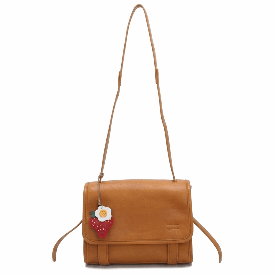 'Berry' Artisanal Crossbody | Premium Vegan Tan Leather | Detachable Strawberry Charm & Wide Utility Strap