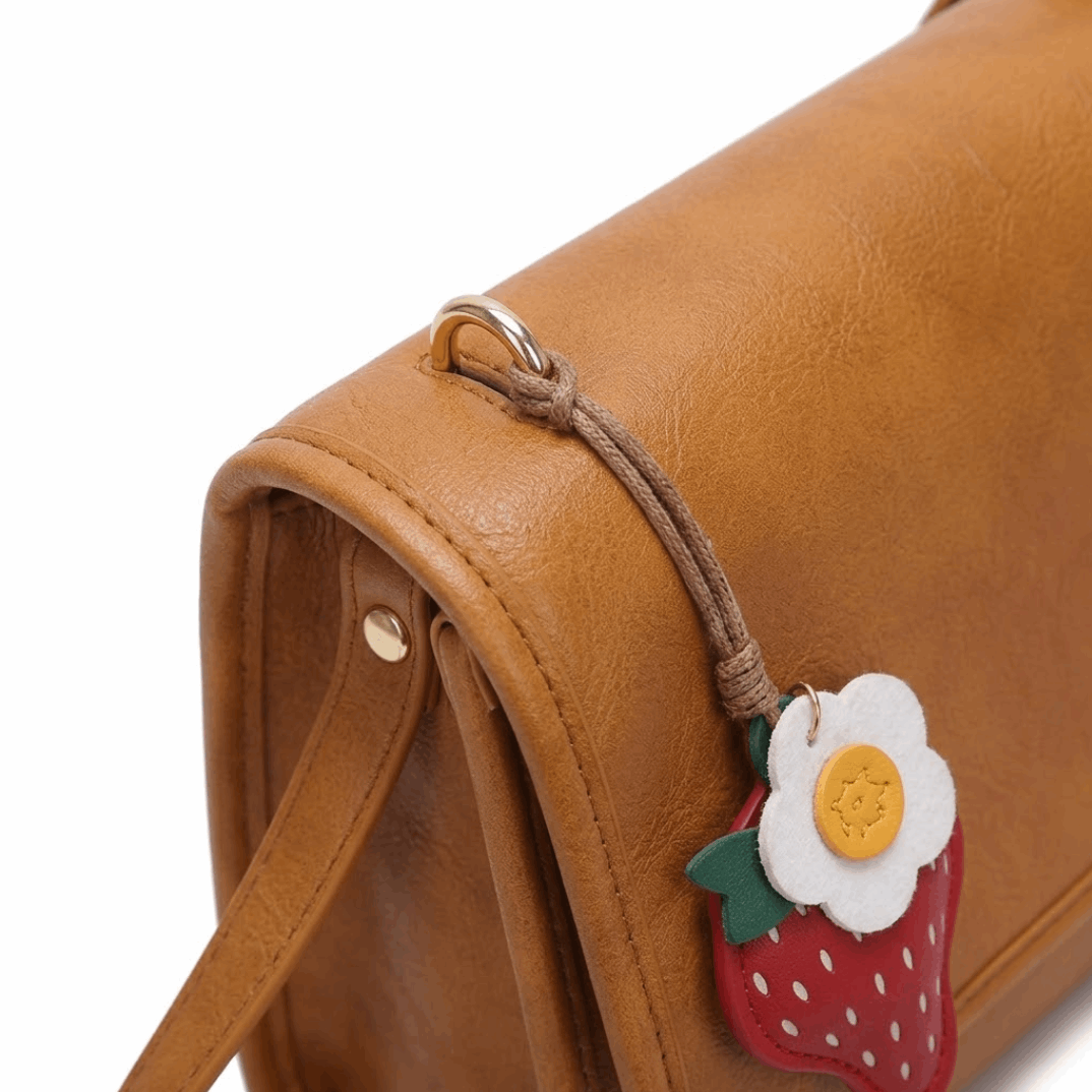 'Berry' Artisanal Crossbody | Premium Vegan Tan Leather | Detachable Strawberry Charm & Wide Utility Strap