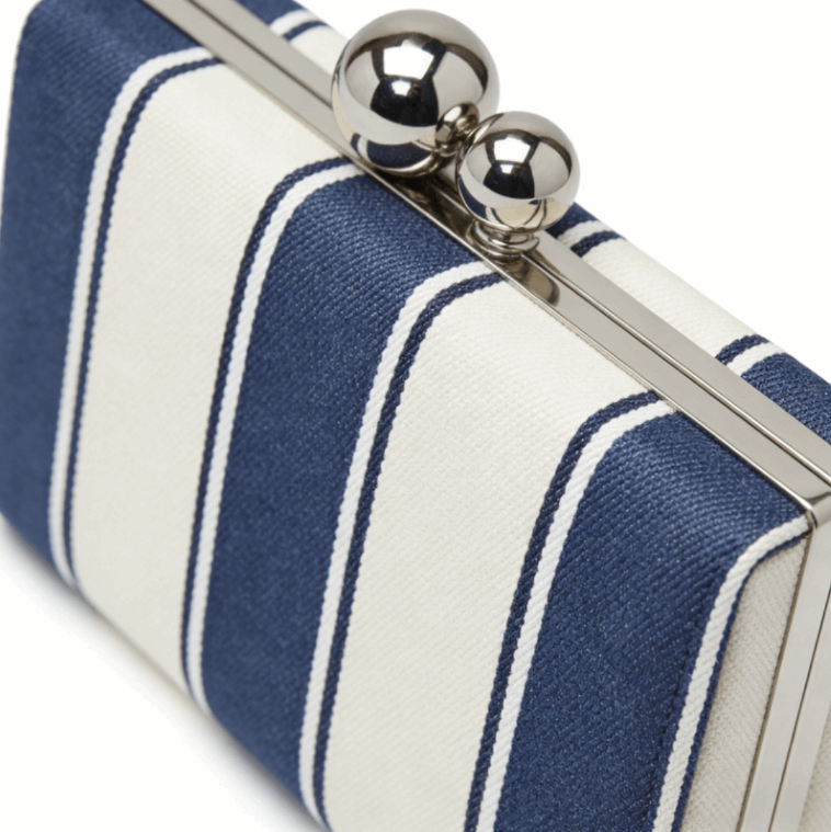 'Regatta' Striped Box Clutch | Premium Navy & Cream Canvas | Architectural Spherical Clasp Evening Bag