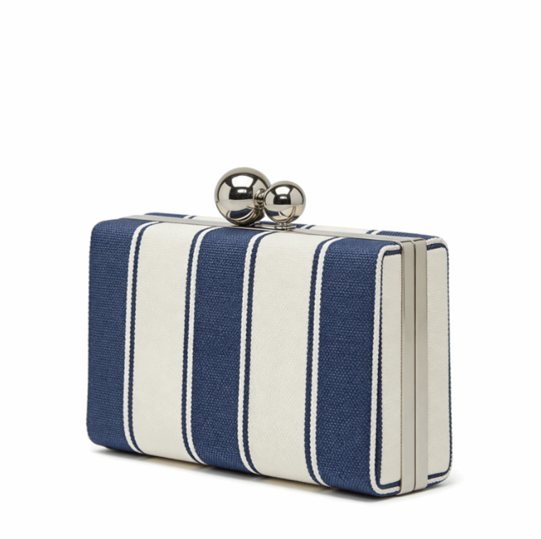 'Regatta' Striped Box Clutch | Premium Navy & Cream Canvas | Architectural Spherical Clasp Evening Bag