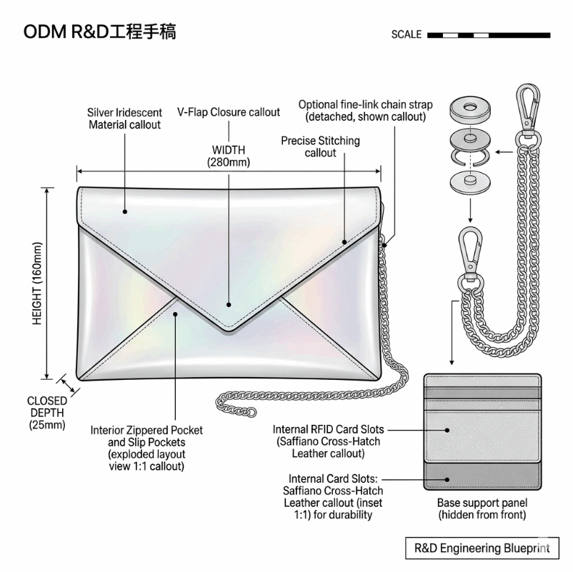 'Prism' Holographic Envelope Clutch | Metallic Iridescent Vegan Leather | Minimalist Slim Evening Handbag