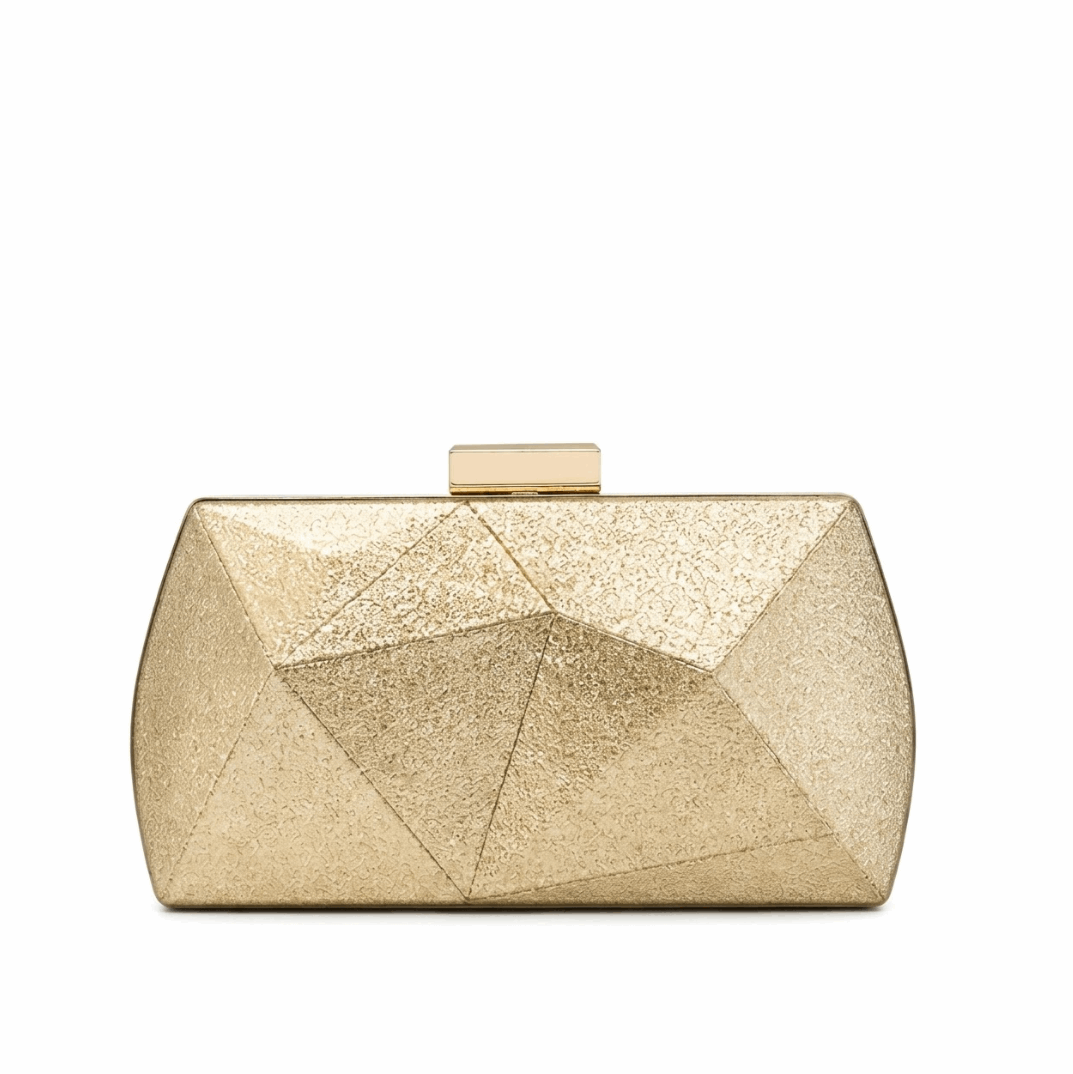 'Aura' Geometric Faceted Clutch | Premium Gold Shimmer Hard-Shell | Architectural Crystal-Cut Evening Bag