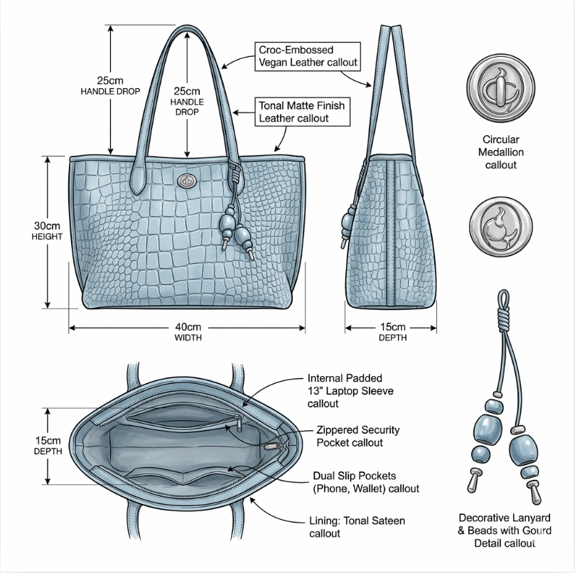 'Azure' Embossed Tote | Premium Crocodile-Pattern Vegan Leather | Sophisticated Professional Carryall with Artisan Charm Detail