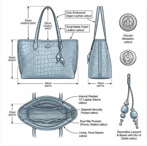 'Azure' Embossed Tote | Premium Crocodile-Pattern Vegan Leather | Sophisticated Professional Carryall with Artisan Charm Detail