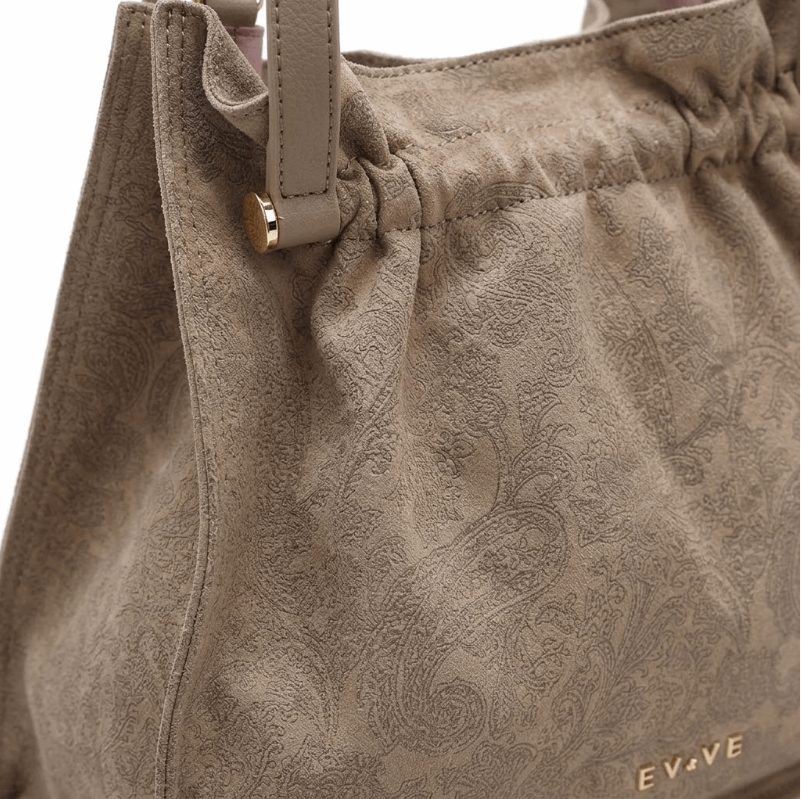 'Paisley Muse' Gathered Tote | Premium Embossed Suede-Finish Leather | Versatile Trapezoidal Carryall with Artisan Drawstring Detailing