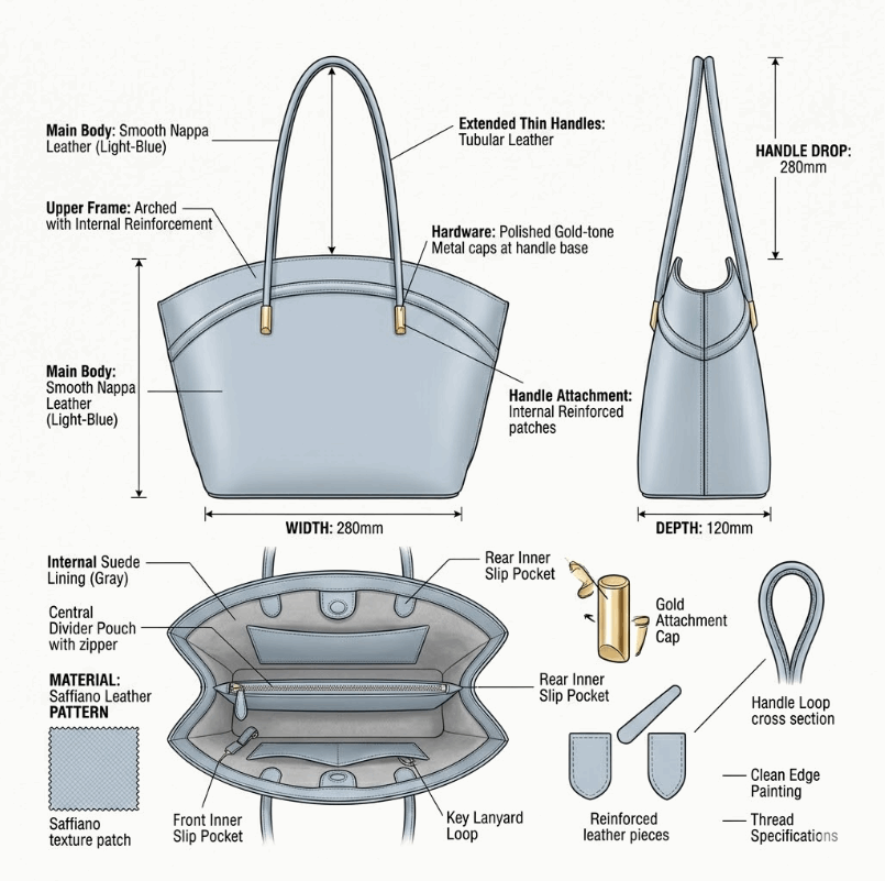 'Crescent Moon' Shoulder Bag | Premium Smooth Nappa Leather | Minimalist Architectural Tote with Extended Tubular Handles