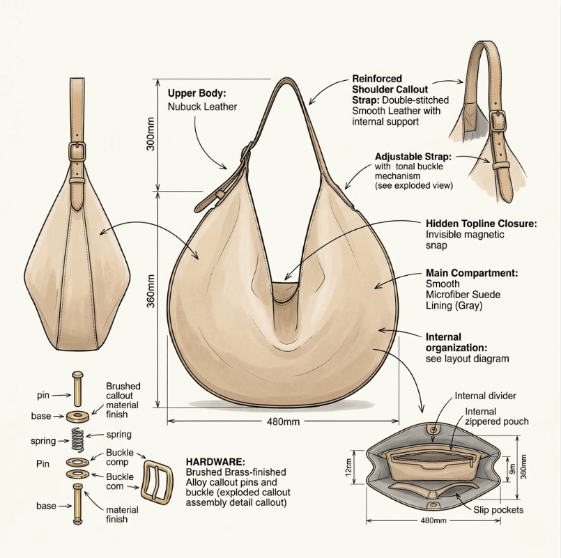 'Arc' Sculptural Hobo Bag | Premium Velvet-Finish Nubuck Leather | Ergonomic Crescent Silhouette with Adjustable Belted Shoulder Strap