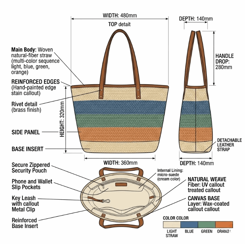 'Horizon' Artisan Woven Beach Tote | Multi-Color Gradient Straw Weave | High-Capacity Summer Shopper with Reinforced Saffiano-Texture Handles