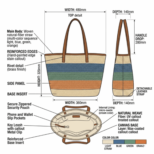 'Horizon' Artisan Woven Beach Tote | Multi-Color Gradient Straw Weave | High-Capacity Summer Shopper with Reinforced Saffiano-Texture Handles