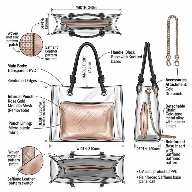 'Stellar' Luxe Transparent Tote | Premium UV-Resistant PVC & Metallic Mesh Interior | Sophisticated Beach-to-Bistro Carryall with Braided Rope Handles