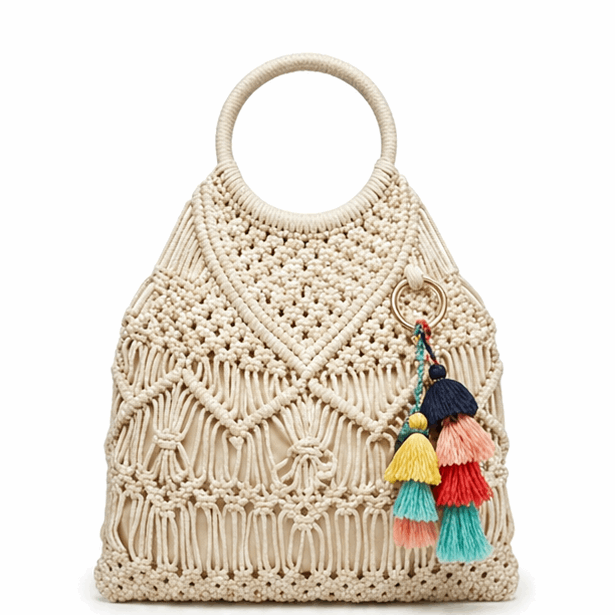 'Amalfi' Artisan Macramé Tote | Hand-Knotted Bohemian Cotton Rope | Elegant Circular Resin Handle with Multi-Tone Tassel Accents
