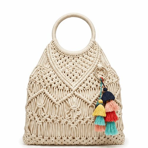 'Amalfi' Artisan Macramé Tote | Hand-Knotted Bohemian Cotton Rope | Elegant Circular Resin Handle with Multi-Tone Tassel Accents