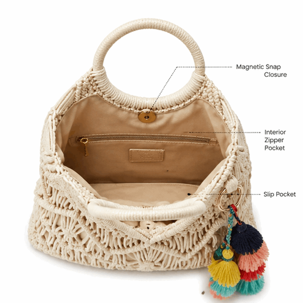 'Amalfi' Artisan Macramé Tote | Hand-Knotted Bohemian Cotton Rope | Elegant Circular Resin Handle with Multi-Tone Tassel Accents