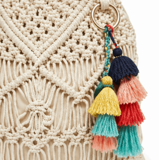 'Amalfi' Artisan Macramé Tote | Hand-Knotted Bohemian Cotton Rope | Elegant Circular Resin Handle with Multi-Tone Tassel Accents