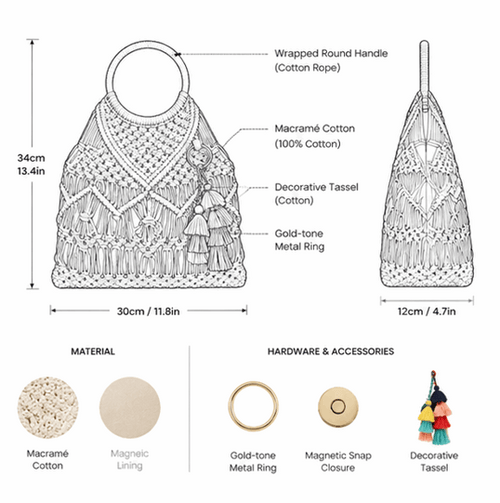 'Amalfi' Artisan Macramé Tote | Hand-Knotted Bohemian Cotton Rope | Elegant Circular Resin Handle with Multi-Tone Tassel Accents