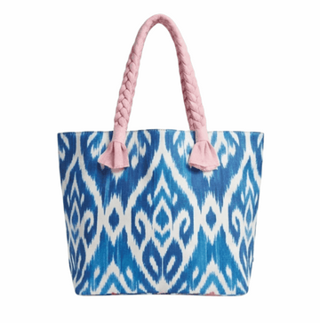 'Isla' Artisan Beach Tote | Premium Indigo Ikat Print | Architectural Braided Rope Handles with Faux-Suede Tassel Finials