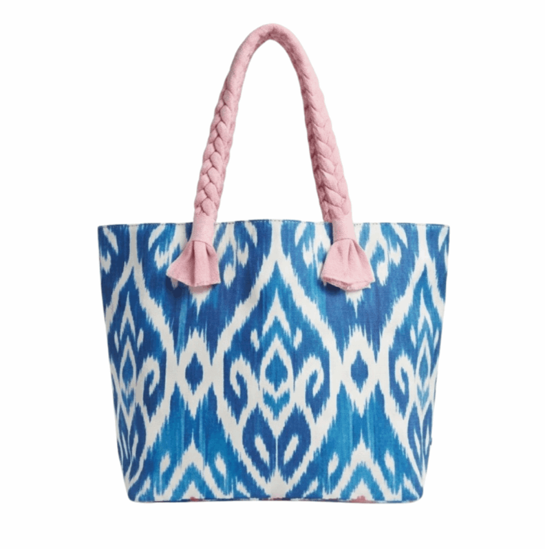 'Isla' Artisan Beach Tote | Premium Indigo Ikat Print | Architectural Braided Rope Handles with Faux-Suede Tassel Finials