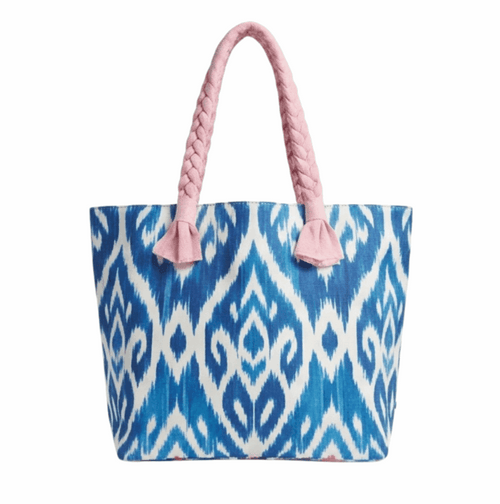 'Isla' Artisan Beach Tote | Premium Indigo Ikat Print | Architectural Braided Rope Handles with Faux-Suede Tassel Finials