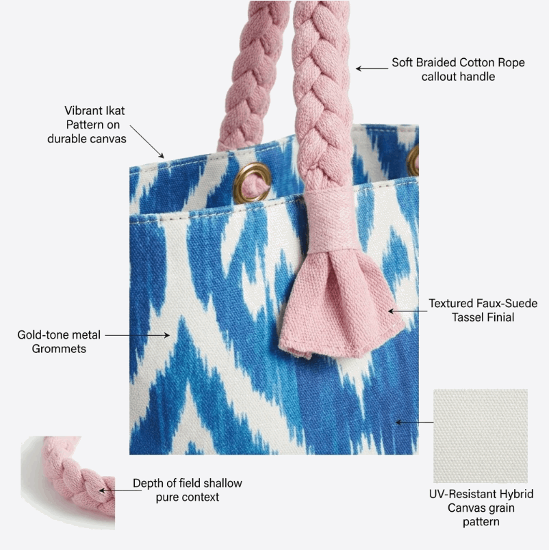 'Isla' Artisan Beach Tote | Premium Indigo Ikat Print | Architectural Braided Rope Handles with Faux-Suede Tassel Finials