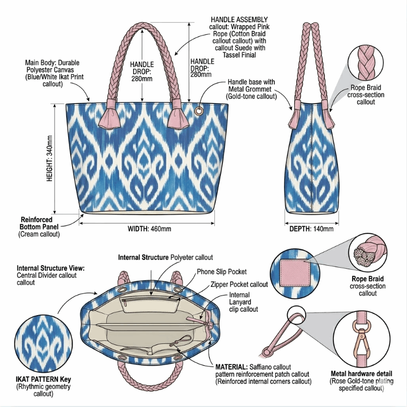 'Isla' Artisan Beach Tote | Premium Indigo Ikat Print | Architectural Braided Rope Handles with Faux-Suede Tassel Finials