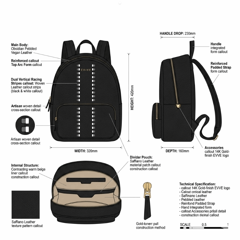 'Apex' Urban Elite Backpack | Premium Pebbled Vegan Leather | Monochromatic Woven Racing Stripe Detail & Gold-Tone Signature Branding