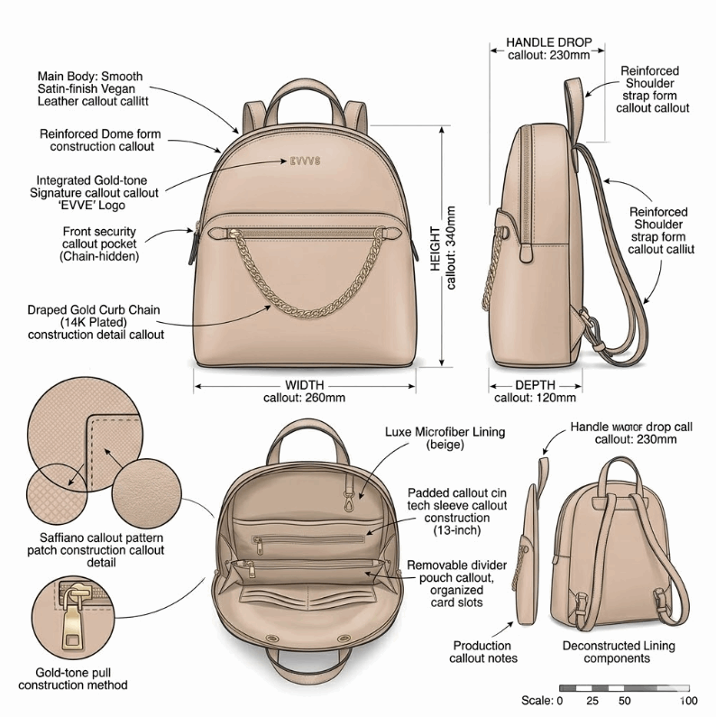 'Luna' Minimalist Urban Backpack | Premium Smooth Vegan Leather | Sophisticated Front-Chain Accent & Dual-Compartment Tech Storage