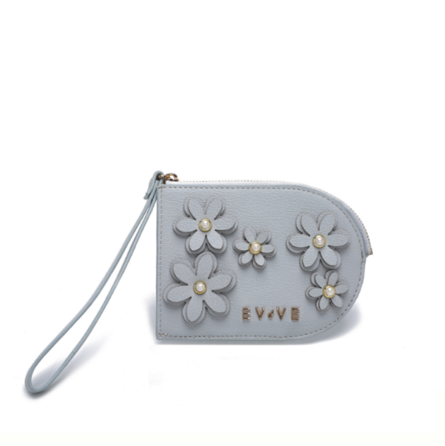Petal-Bloom Wristlet Clutch | Pearl-Accented Floral Appliqué | Premium Pebbled Leather