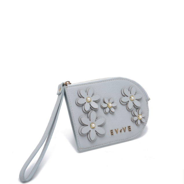 Petal-Bloom Wristlet Clutch | Pearl-Accented Floral Appliqué | Premium Pebbled Leather