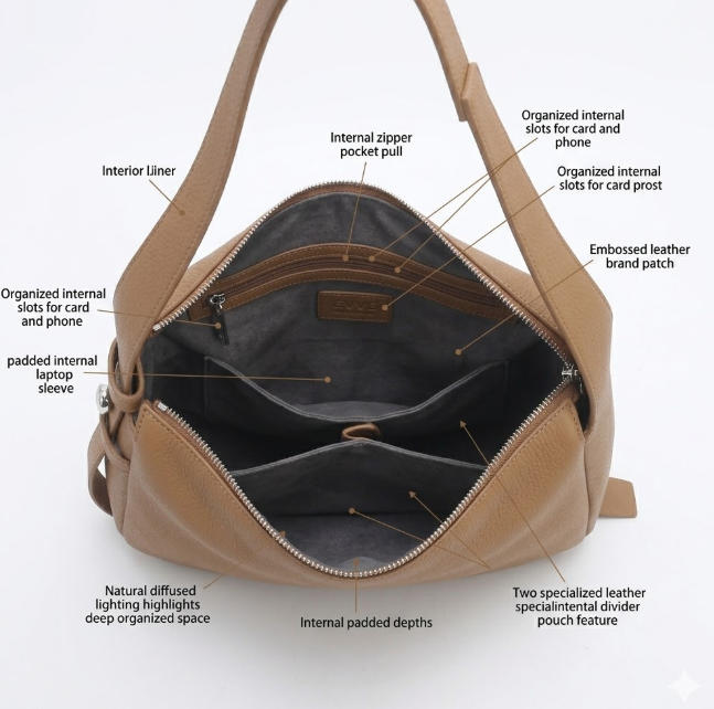 'Kensington' Classic Pebble-Grain Calfskin Hobo | Premium Tan Genuine Leather | Secure Dual-Compartment Tech Shoulder Bag with Adjustable Crossbody Option