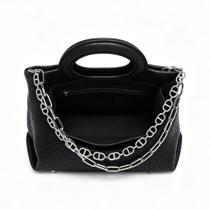Genuine Leather Mini Tote Bag with Double Chain Strap, Bubble Textured Top Handle Handbag, OEM/ODM Customizable for Women