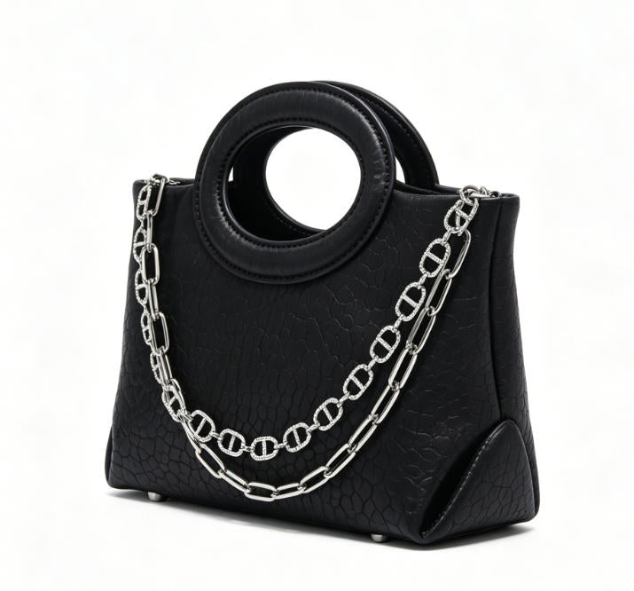 Genuine Leather Mini Tote Bag with Double Chain Strap, Bubble Textured Top Handle Handbag, OEM/ODM Customizable for Women